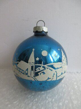 Shiny Brite Blue Stencil Glass Christmas Ornament Church Winter Trees 2.5" Vtg